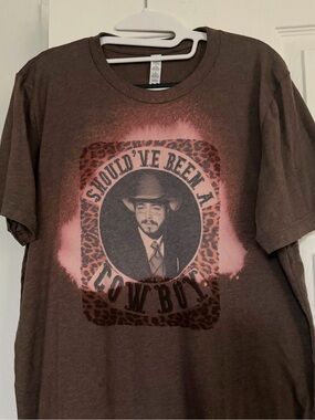 Post Malone T-shirt 
Brown 'Should've Been a Cowboy' GraphicTee with Pink Accent